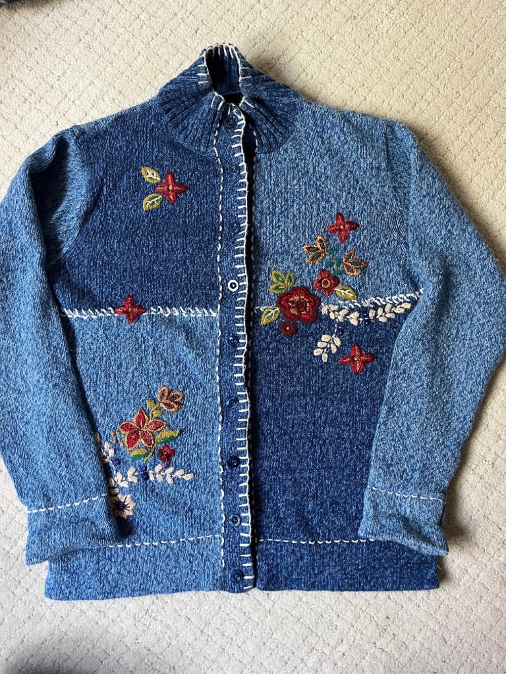 Vtg Cottagecore Embroidered Patchwork Cardigan Sweater Blue Floral Knit Boho PM
